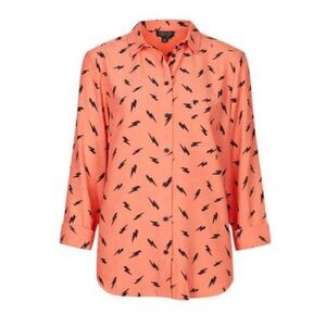 Topshop Woman Thunder Bolt Bright Orange Shirt Size 6 Long Sleeve Rare Vintage